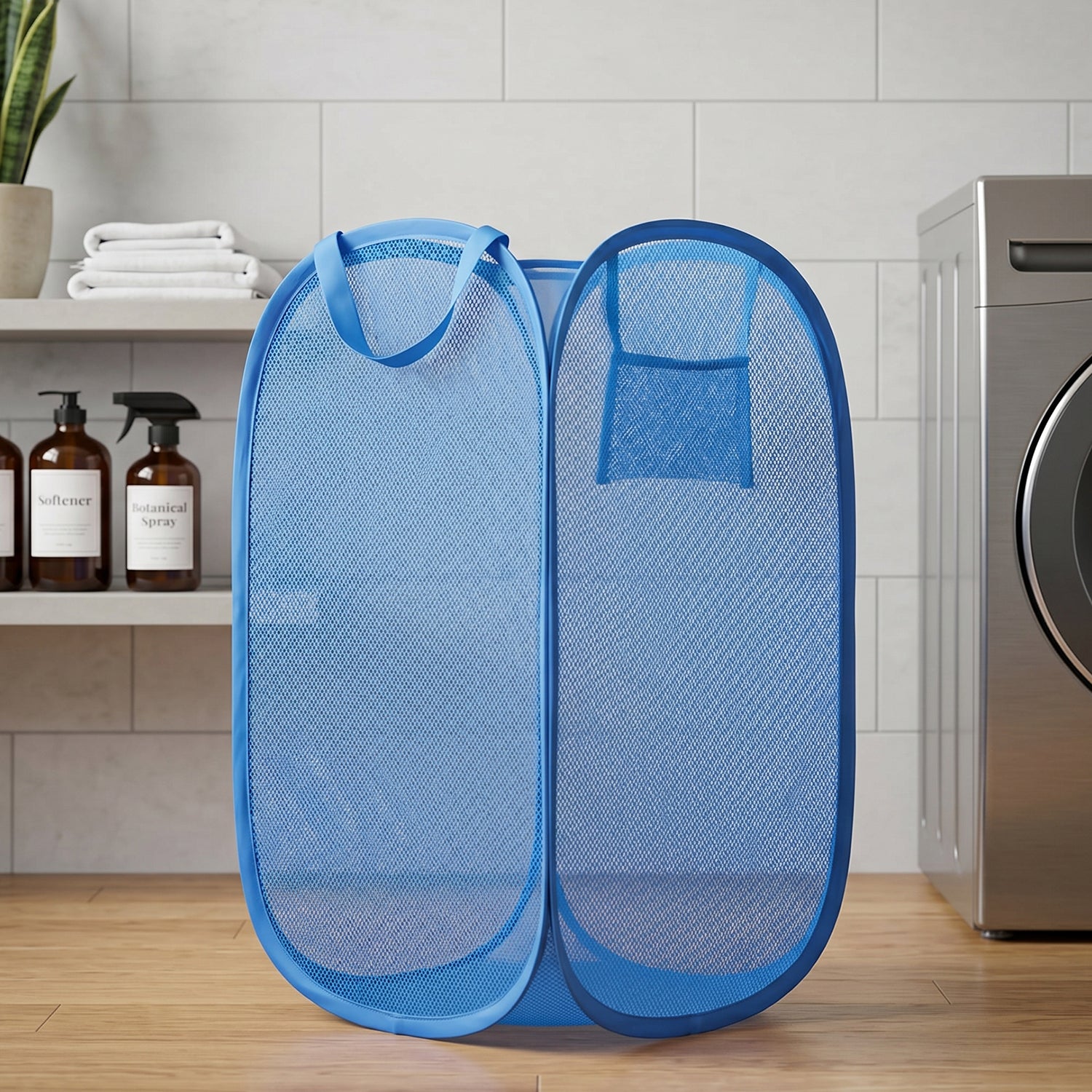 Large foldable mesh laundry basket with handles by Wukusy, 36x36x58cm, for easy carrying and storage of clothes.
