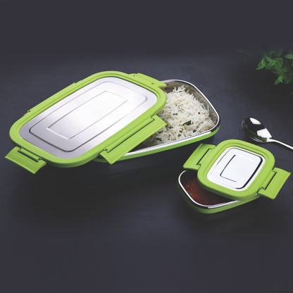 Wukusy Ganesh Junior stainless steel lunch pack, compact and durable for office and school use, with Ganesh design on the lid.
