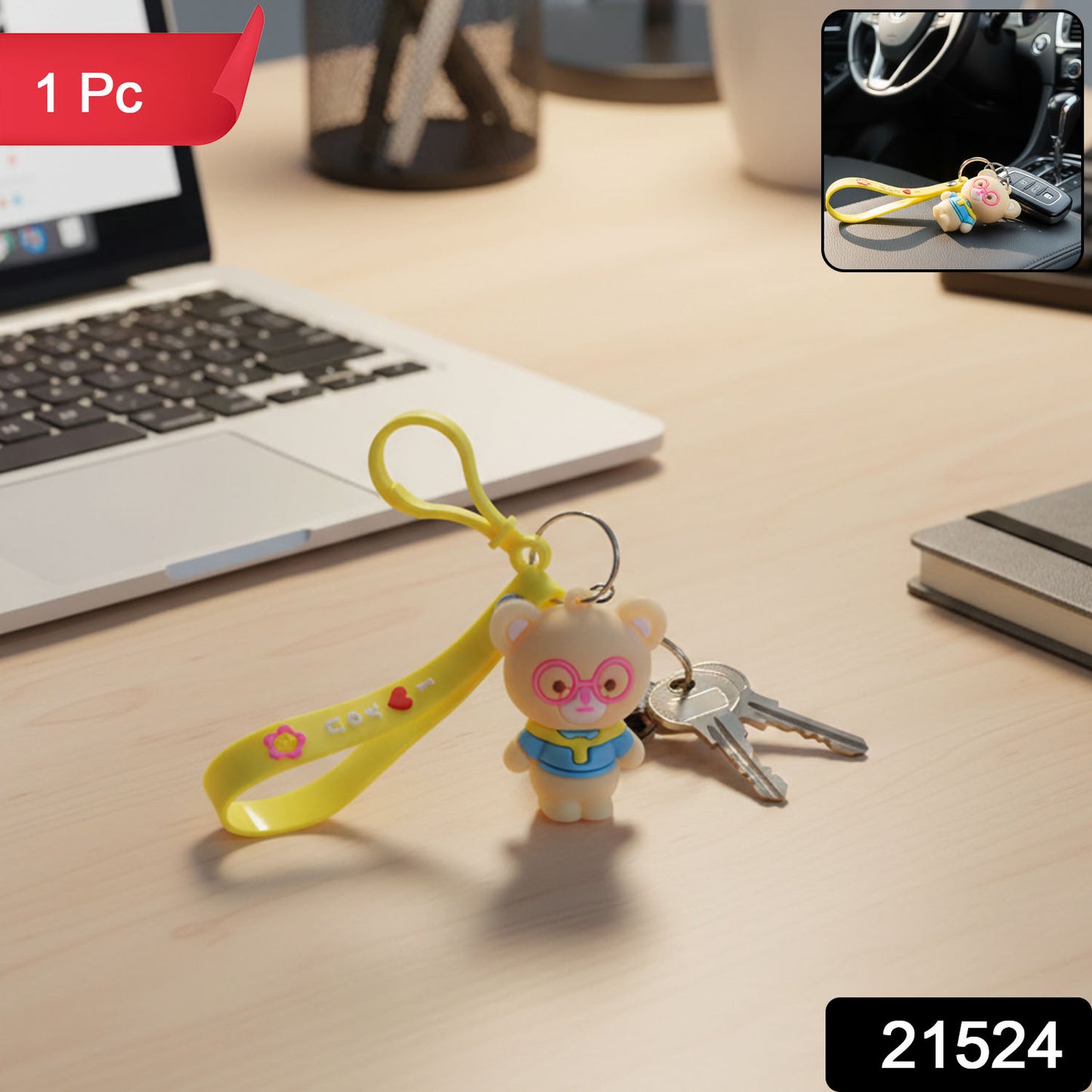 Cute cartoon bear silicone keychain by Wukusy featuring a colorful bear design on a keyring.