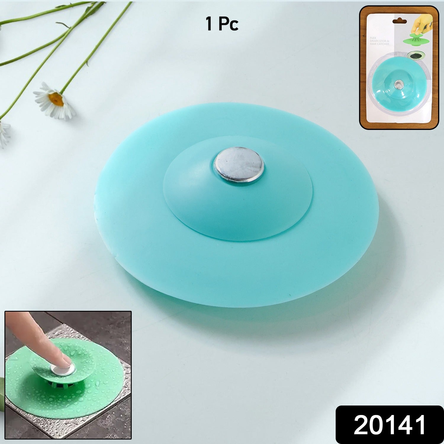 Flexible silicone sink drain cover and hair catcher strainer by Wukusy, showing its mesh design fitting over a kitchen drain.