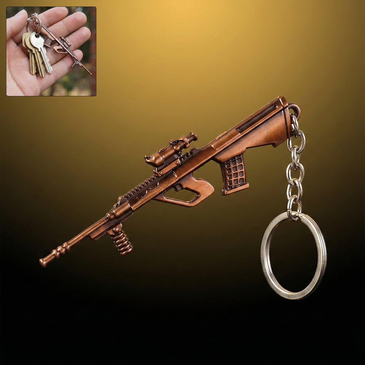 Metal gun shape keychain from Wukusy, featuring a detailed gun design attached to a keyring, for decorative and functional use.