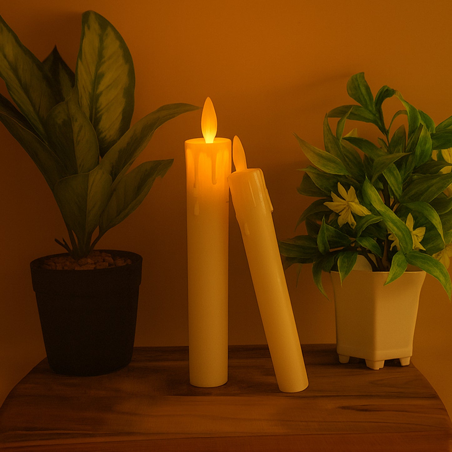 Set of 2 Wukusy LED flameless taper candles for home decor, showcasing realistic flickering flames and elegant design.