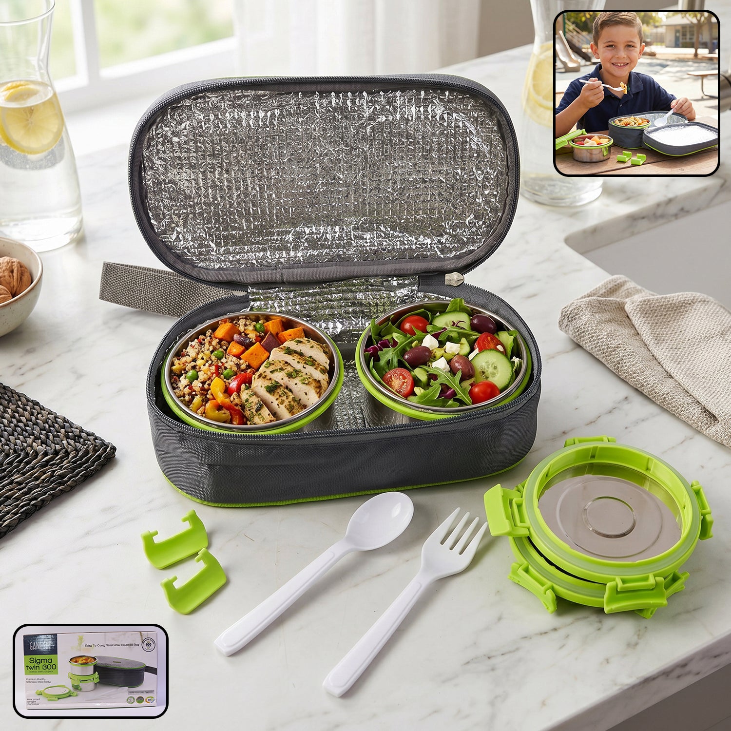 Wukusy Ganesh Sigma Twin 300 stainless steel lunch box set with two compartments and secure lids for meal storage.