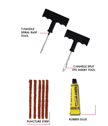 Wukusy 1513 tubeless tyre puncture repair kit with nose pliers, rubber cement, and extra strips for cars and bikes.