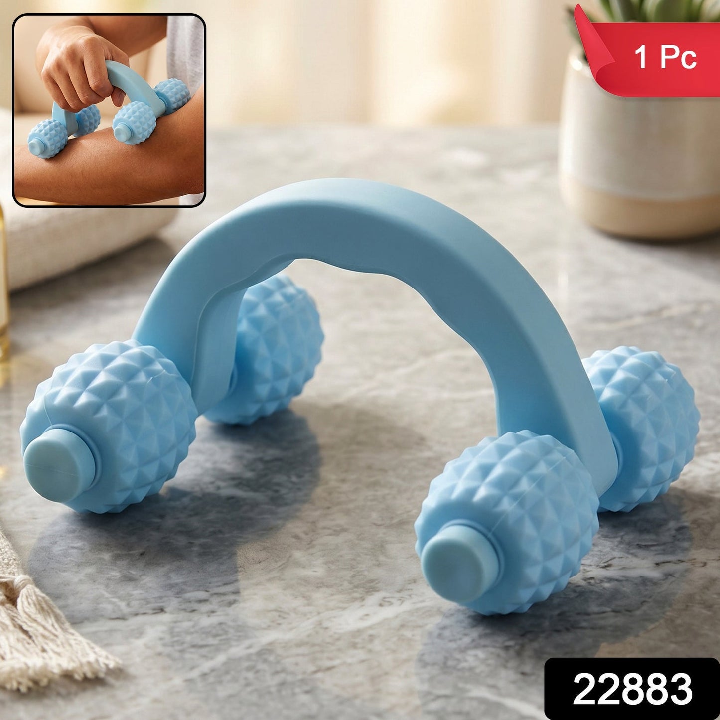 Wukusy handheld 4-roller body massager for muscle relaxation, shown with arms, legs, and back muscles.