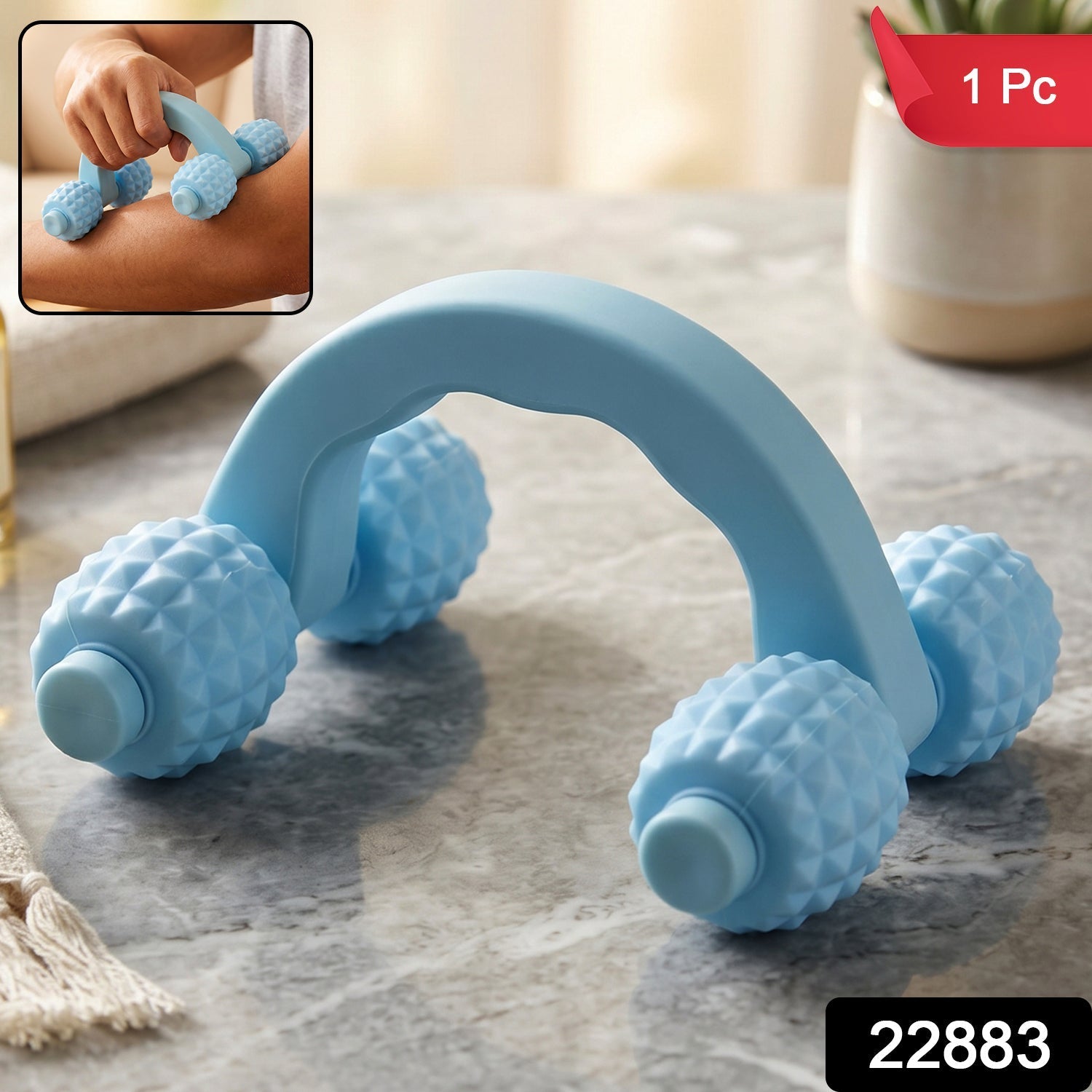 Wukusy handheld 4-roller body massager for muscle relaxation, shown with arms, legs, and back muscles.