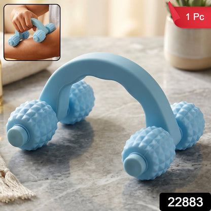 Wukusy handheld 4-roller body massager for muscle relaxation, shown with arms, legs, and back muscles.