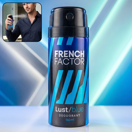 Wukusy French Factor Lust Blue deodorant body spray 150ml bottle with blue packaging and spray nozzle.