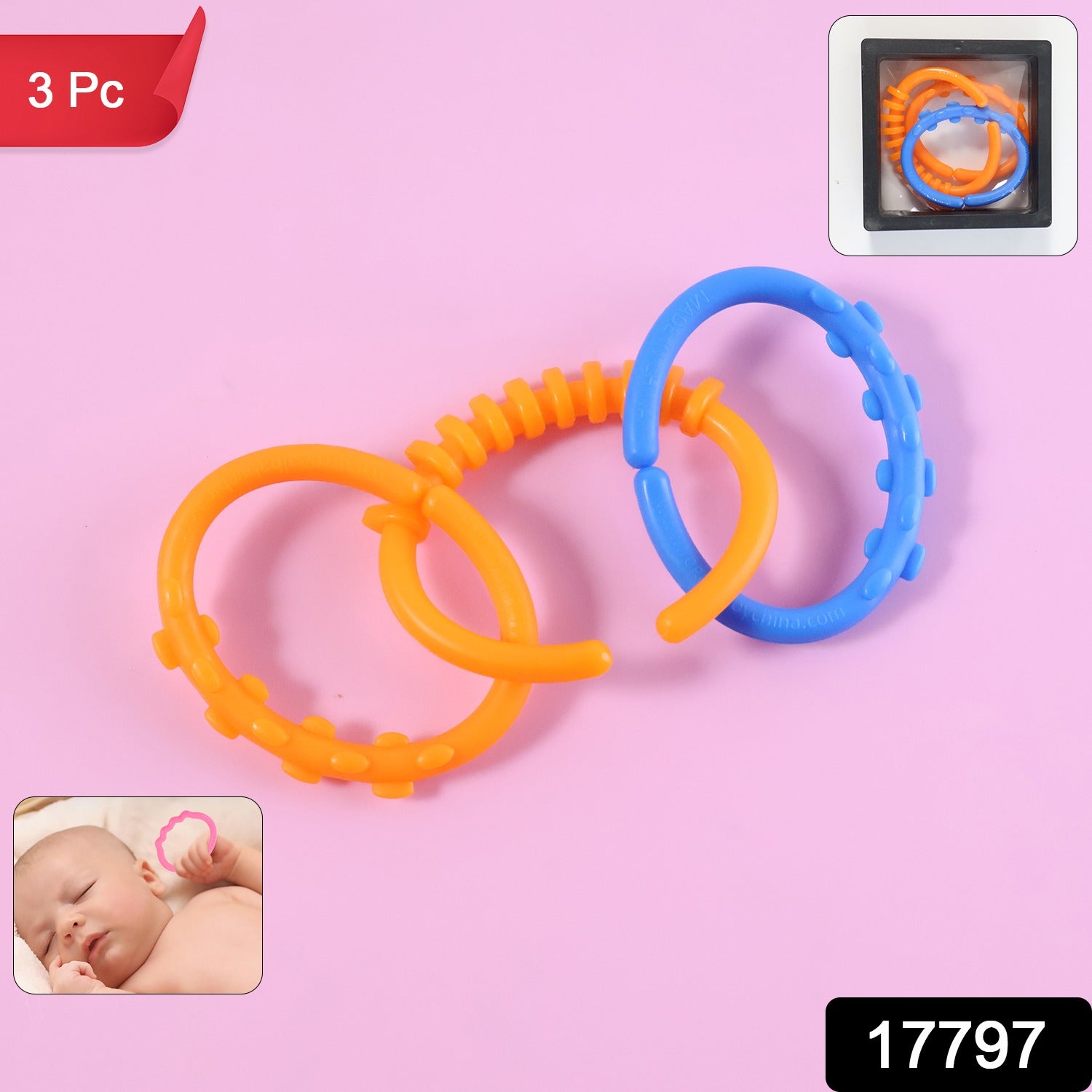 Wukusy Baby Learning Links educational toy set with three colorful links in a box, designed for early childhood development.