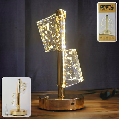 Luxury golden crystal LED double shade table lamp by Wukusy, featuring elegant home decor with shimmering crystal accents.