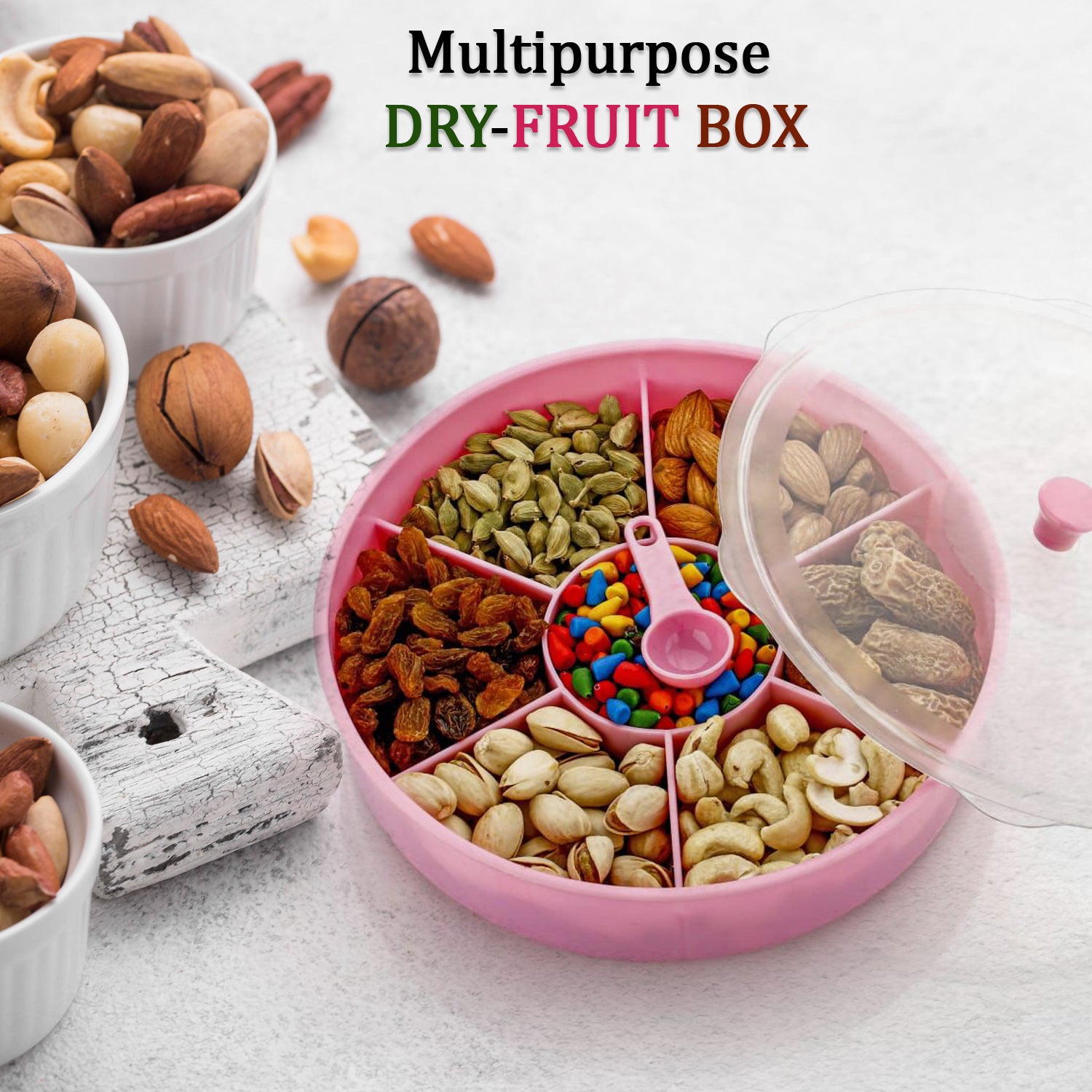 Wukusy 2061 multipurpose dry-fruit and masala box with a single spoon, kitchen storage container for spices and dry fruits.