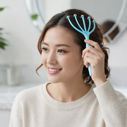 Wukusy handheld five-finger head massager with rolling ball tips for scalp relaxation and stress relief.