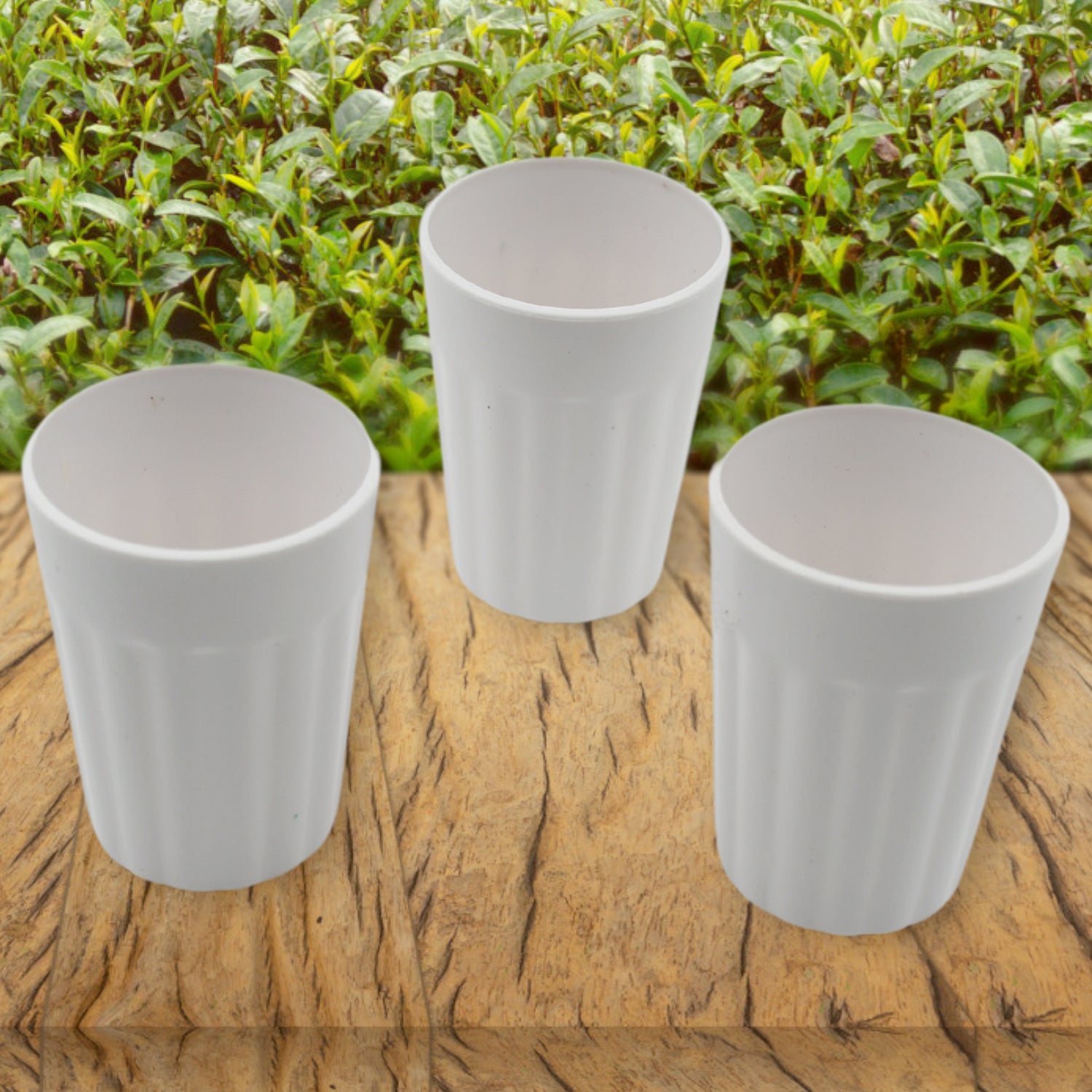 Set of three Wukusy small plastic coffee and tea cups, lightweight, unbreakable, microwave and dishwasher safe for camping or home use.