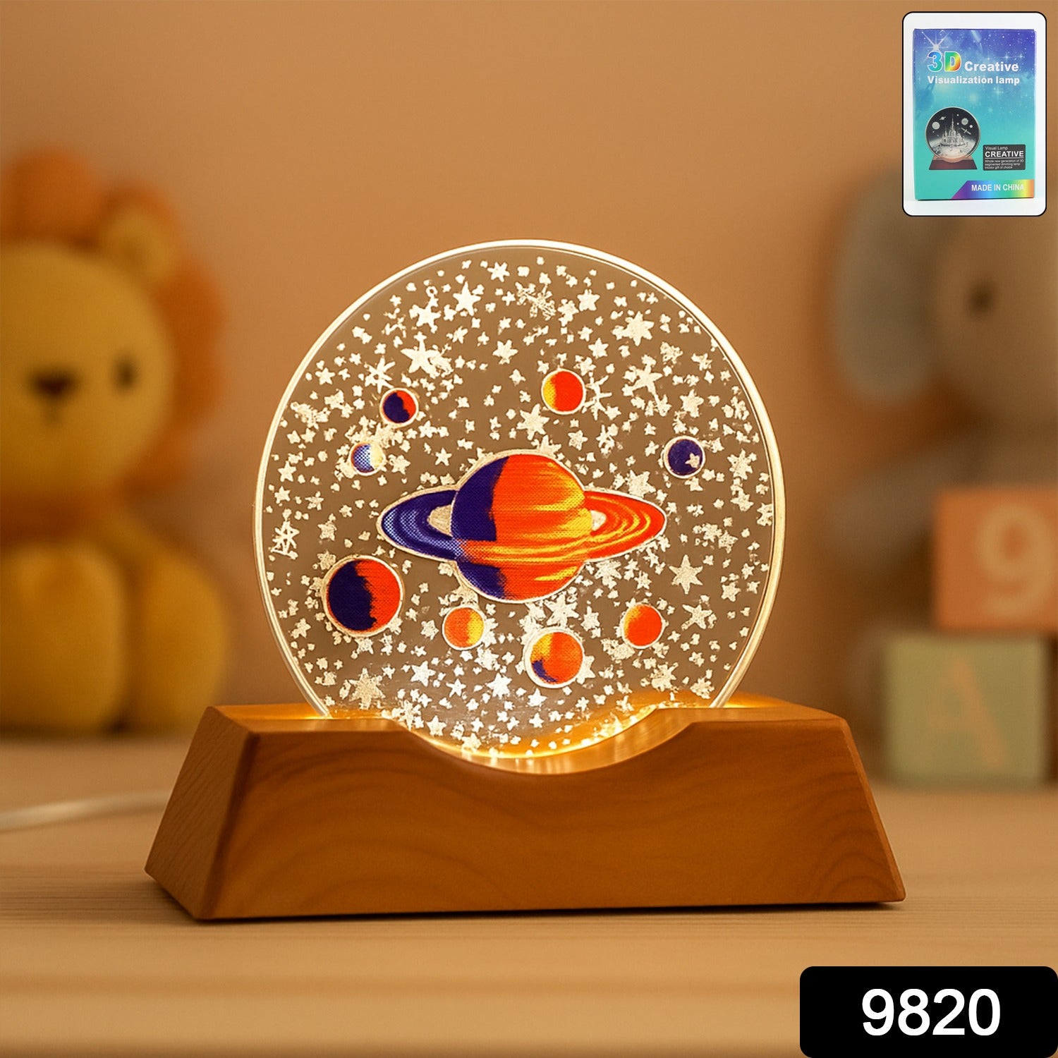 Wukusy 3D creative visualization LED night lamp, modern home decor light on a wooden surface, warm ambient glow.