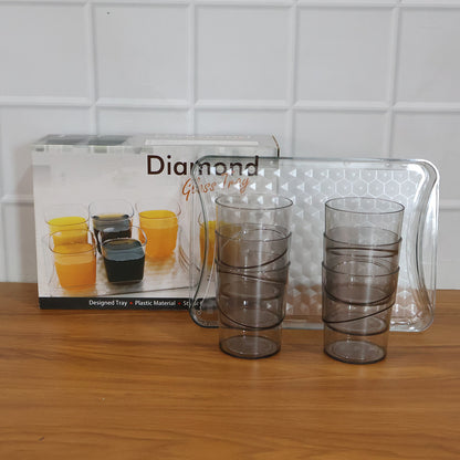 Six clear glass serving glasses with a matching tray from Wukusy Premium Glass Serving Set, arranged on a white surface.
