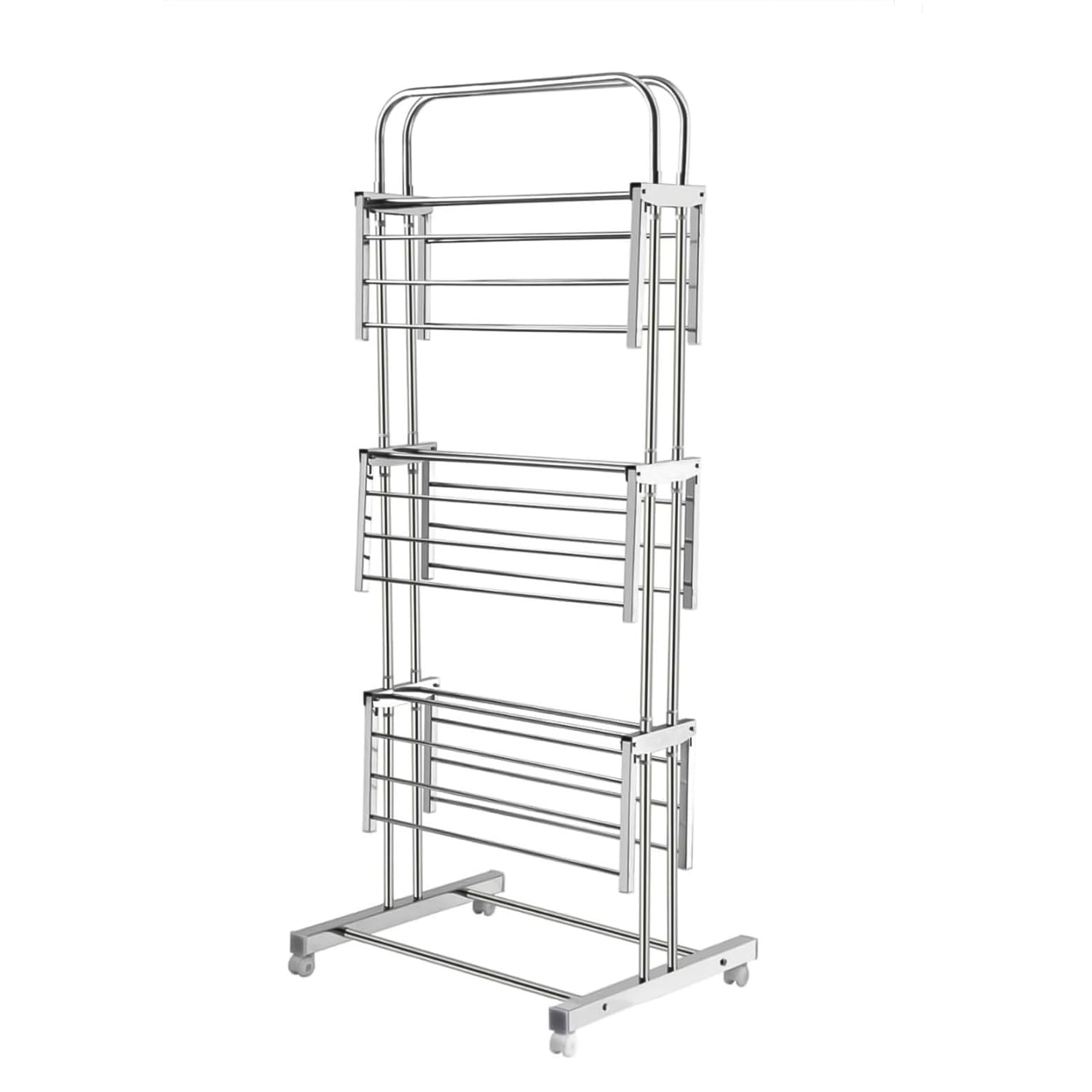 Wukusy 3-layer foldable stainless steel cloth drying stand with wheels, featuring multiple tiers for laundry drying.