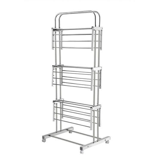 Wukusy 3-layer foldable stainless steel cloth drying stand with wheels, featuring multiple tiers for laundry drying.