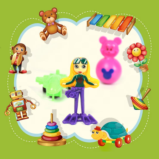 Wukusy 12-piece toy and plastic pouch set with colorful playing toys for kids, suitable for all types of play activities.