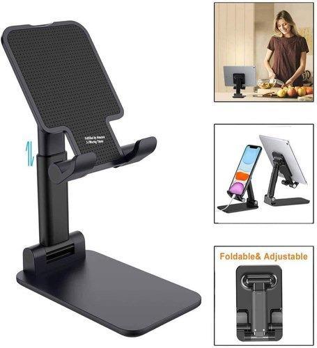 Wukusy foldable mobile stand with adjustable angle for desktop, holding smartphone securely in landscape or portrait mode.