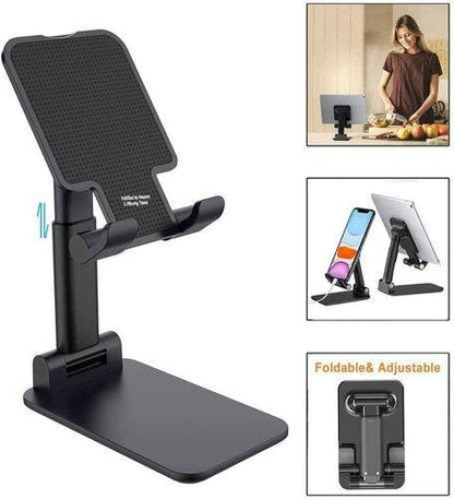 Wukusy foldable mobile stand with adjustable angle for desktop, holding smartphone securely in landscape or portrait mode.