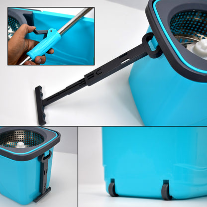 Wukusy Quick Spin Mop with plastic spin bucket, easy wheels, and large capacity for efficient floor cleaning and mopping.