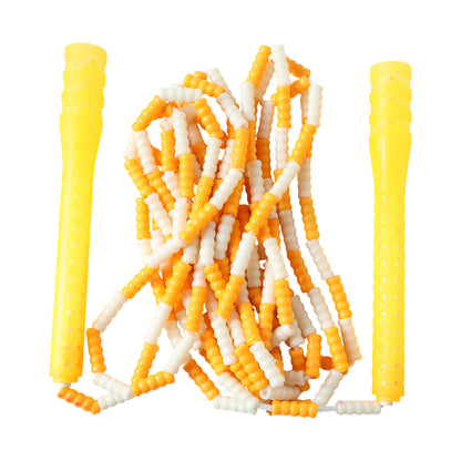 Yellow and white beaded skipping jump rope by Wukusy, showing the full length with colorful beads and handles for cardio exercise.