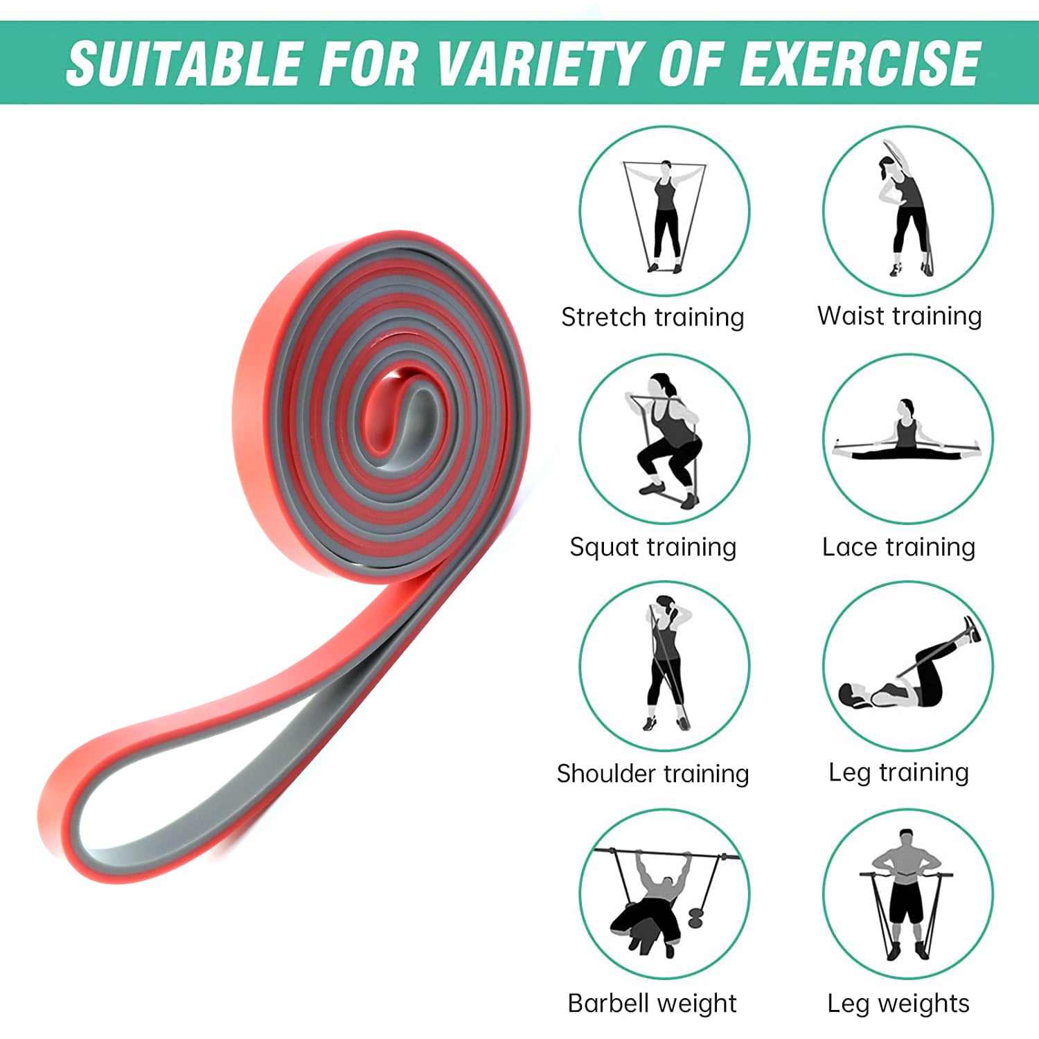 Wukusy heavy-duty resistance exercise band stretched out, showing its durable elastic material for strength training and fitness workouts.