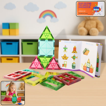 Wukusy magnetic building tiles construction toy set with 16 colorful plastic tiles arranged in a playful structure