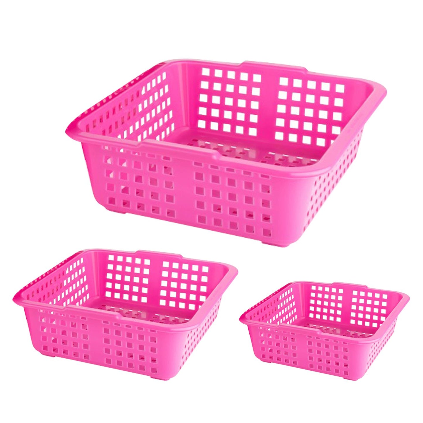 Wukusy plastic fruit baskets in three sizes—large, medium, and small—designed for kitchen organization and fruit storage.
