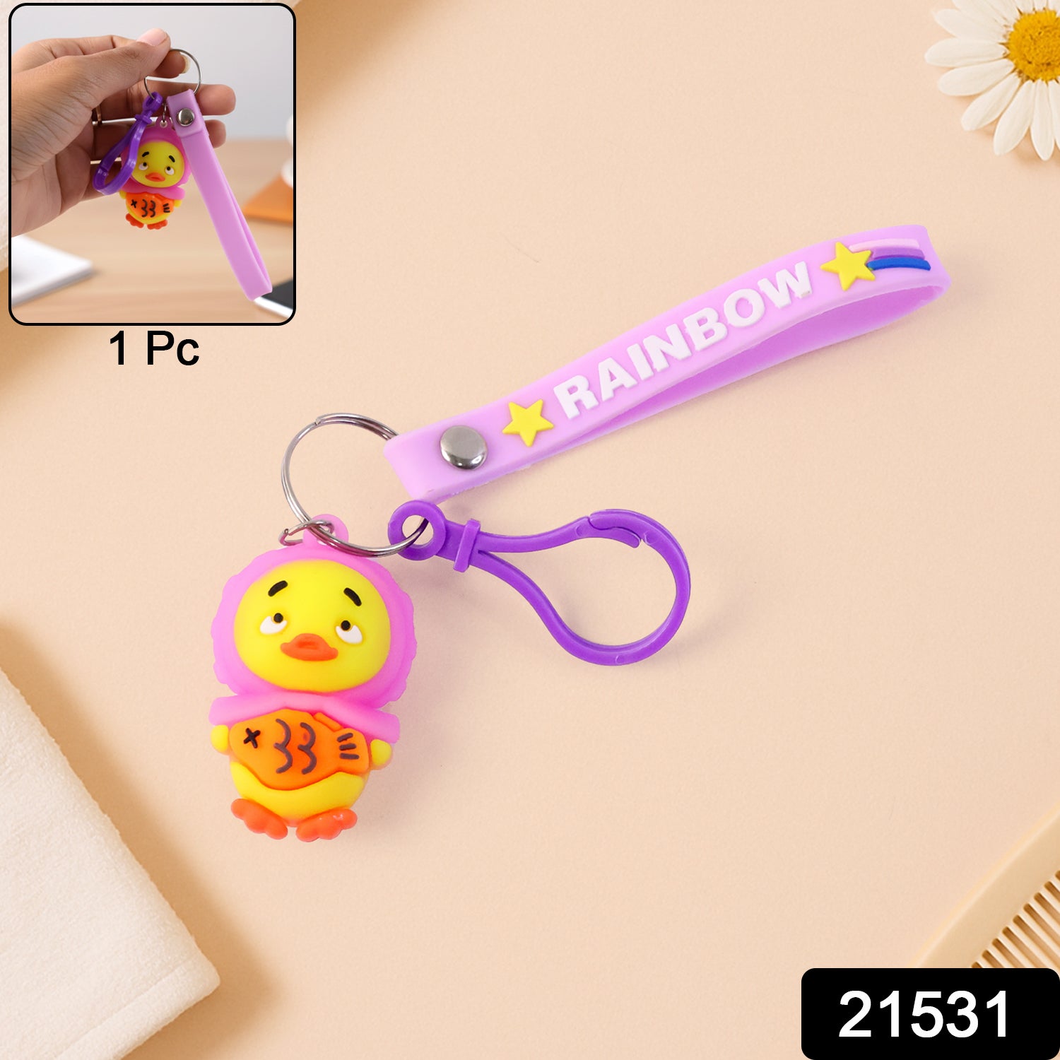 Cute cartoon duck keychain by Wukusy featuring a colorful, playful duck design on a keyring.