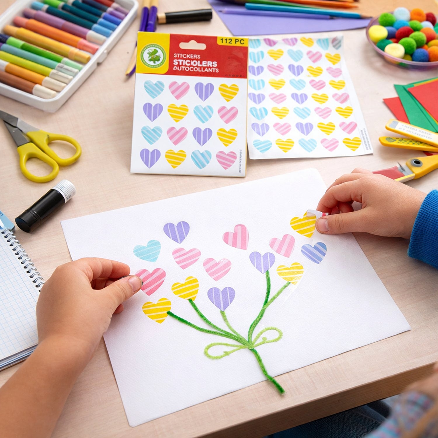 Colorful heart-shaped decorative sticker set by Wukusy, includes 4 sheets with 112 vibrant heart stickers for crafts and decoration.