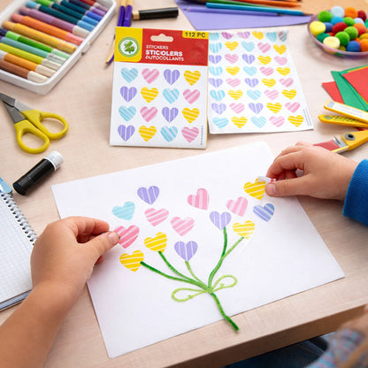 Colorful heart-shaped decorative sticker set by Wukusy, includes 4 sheets with 112 vibrant heart stickers for crafts and decoration.