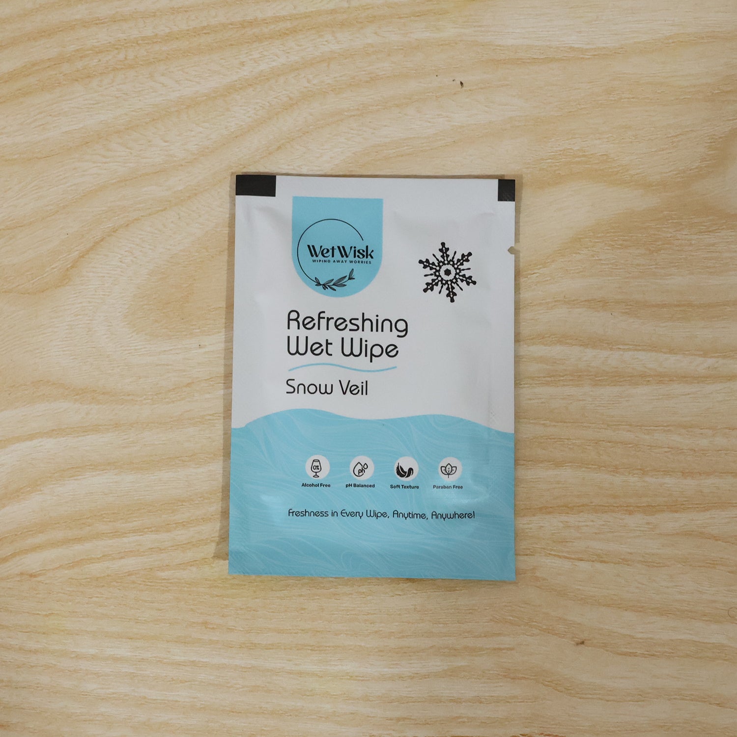 Wukusy Snow Veil refreshing wet wipes for face, body, and hands, moist cleansing wipes on white background