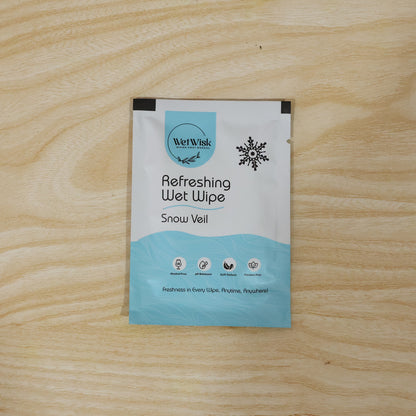 Wukusy Snow Veil refreshing wet wipes for face, body, and hands, moist cleansing wipes on white background