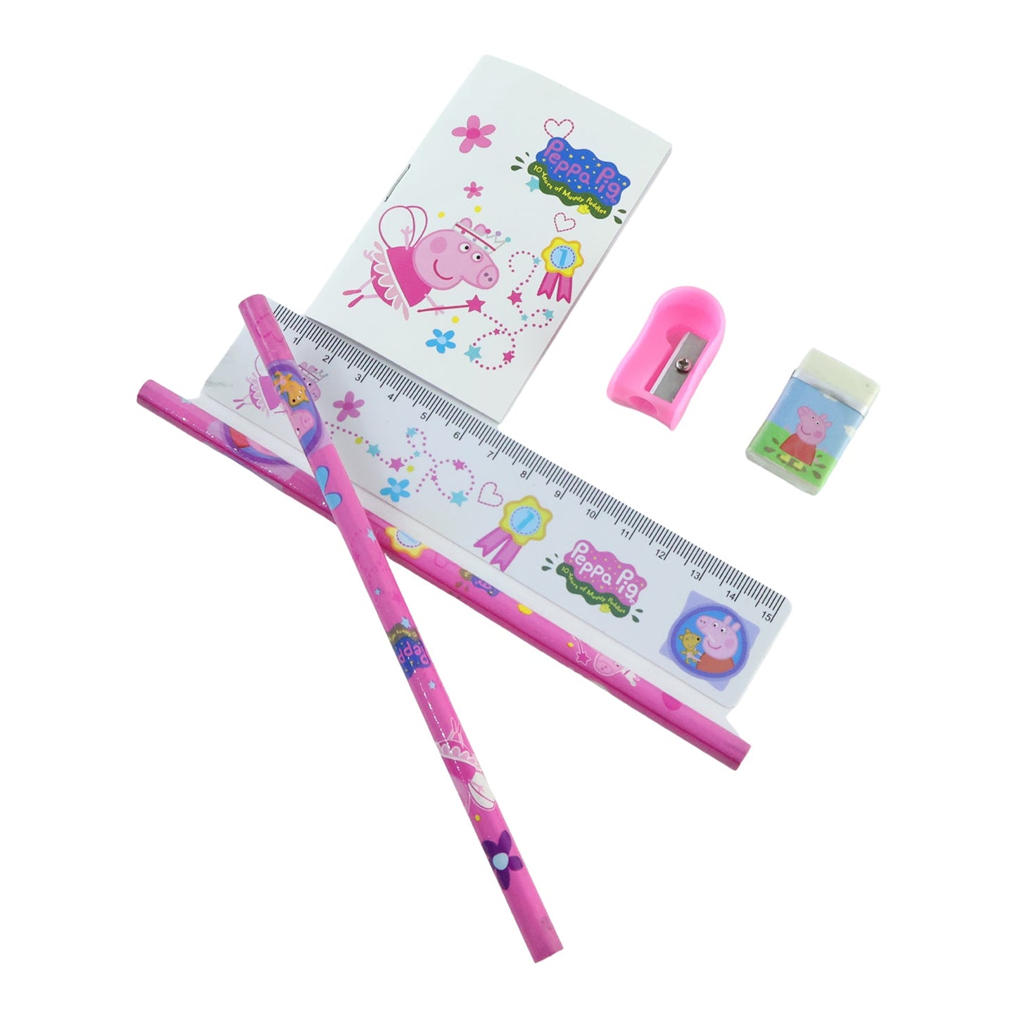 Kids school stationery kit by Wukusy, includes pencils, eraser, sharpener, ruler, and pouch, arranged neatly on a white background.