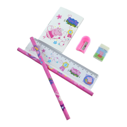 Kids school stationery kit by Wukusy, includes pencils, eraser, sharpener, ruler, and pouch, arranged neatly on a white background.