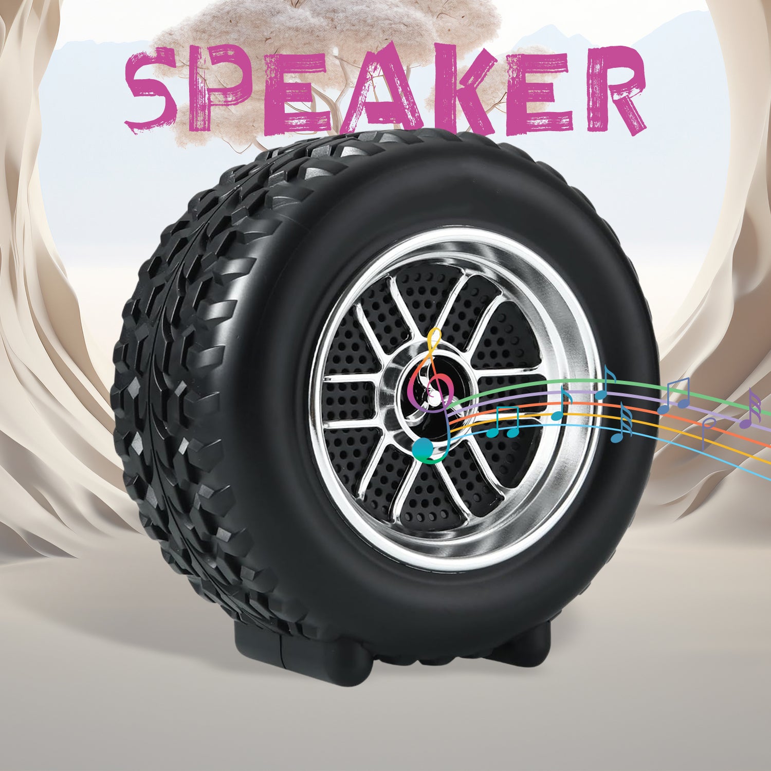 Portable Wukusy tyre-shaped wireless Bluetooth speaker with wheel design, ideal for mobile accessories and portable sound.