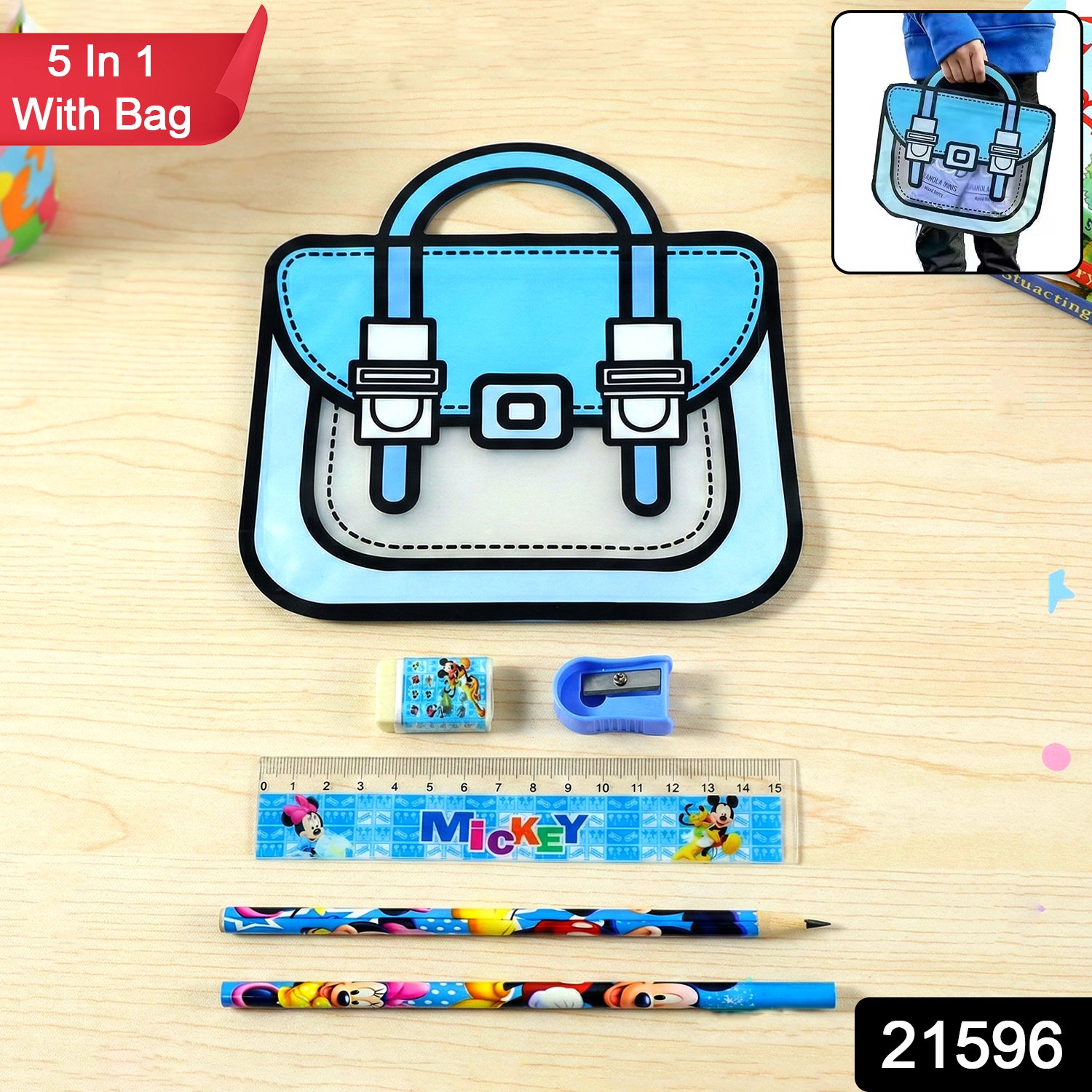 Kids 5-in-1 stationery kit by Wukusy featuring colorful pens, pencils, erasers, and a cartoon-style carry bag.