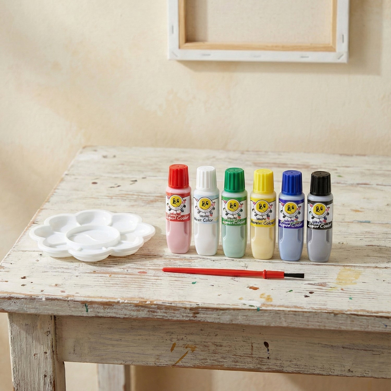 Kids watercolour painting set with brushes and mixing palette by Wukusy, featuring vibrant paints and art tools for children.