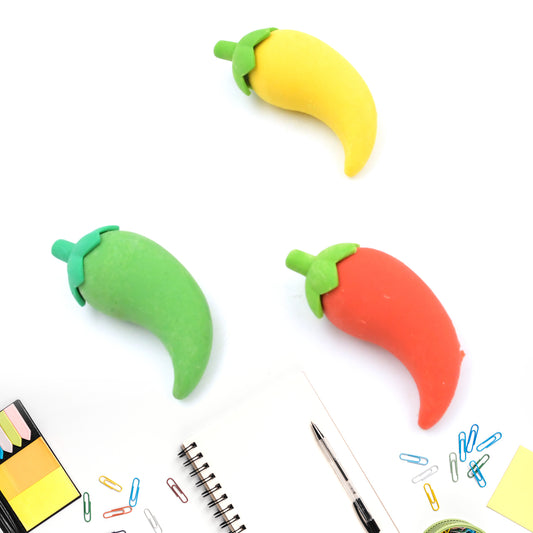 Set of three colorful chili-shaped erasers by Wukusy featuring 3D, fancy, and creative designs for children’s school and gift use.