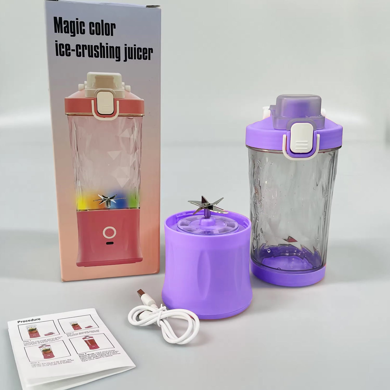 Wukusy electric juicer with 8 blades and multicolor LED lights, 600ml capacity, suitable for home kitchen use.