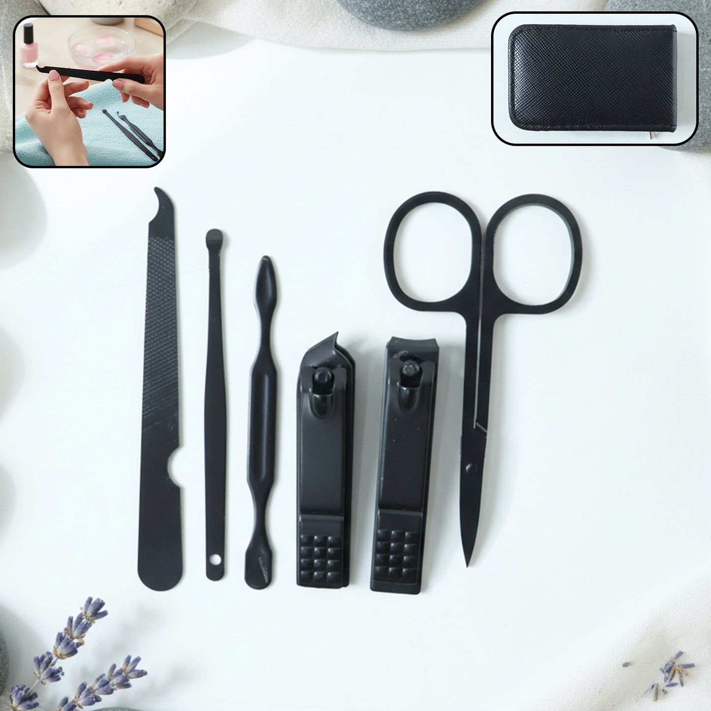 Wukusy 6-in-1 professional manicure and pedicure grooming tool set with various stainless steel tools on a white background.