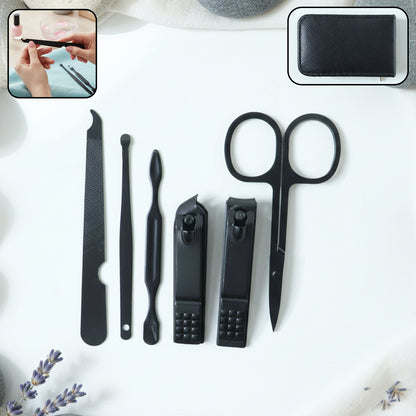 Wukusy 6-in-1 professional manicure and pedicure grooming tool set with various stainless steel tools on a white background.