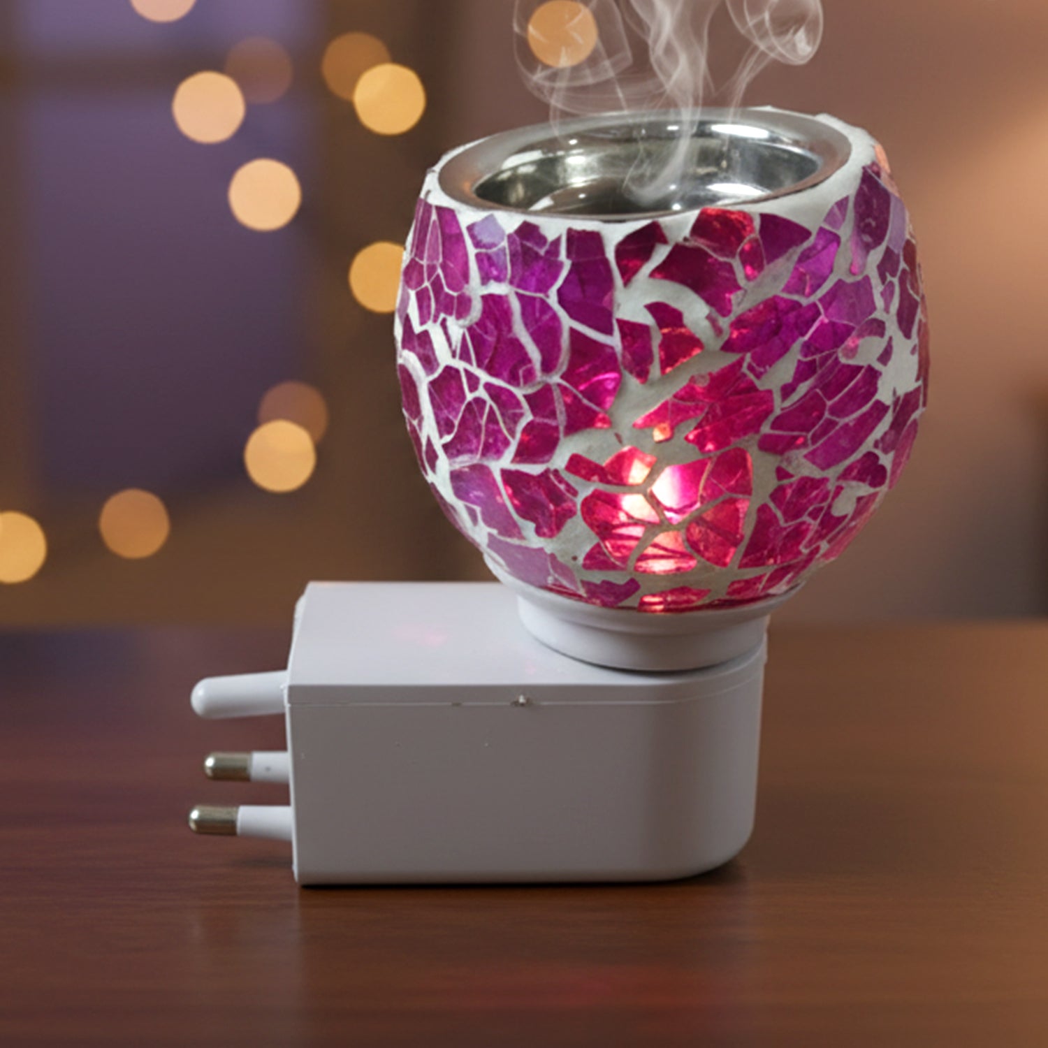 Wukusy premium plug-in mosaic glass aroma diffuser night lamp with colorful mosaic design and soft lighting in a modern setting.