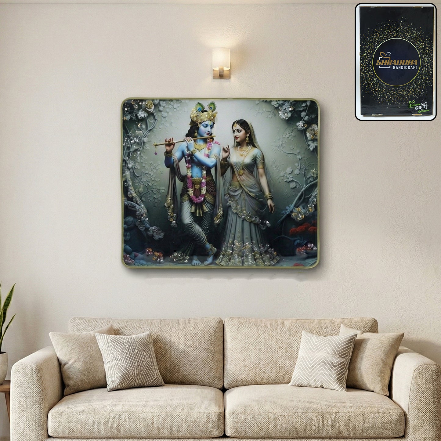 Decorative wall frame featuring Radha Krishna flute art in a 45x30 cm design, showcasing intricate spiritual artwork by Wukusy.