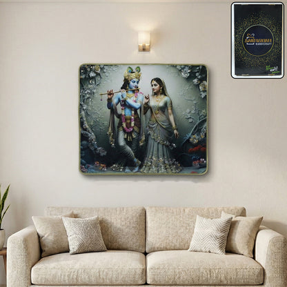 Decorative wall frame featuring Radha Krishna flute art in a 45x30 cm design, showcasing intricate spiritual artwork by Wukusy.