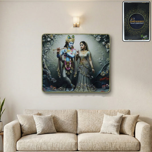 Decorative wall frame featuring Radha Krishna flute art in a 45x30 cm design, showcasing intricate spiritual artwork by Wukusy.