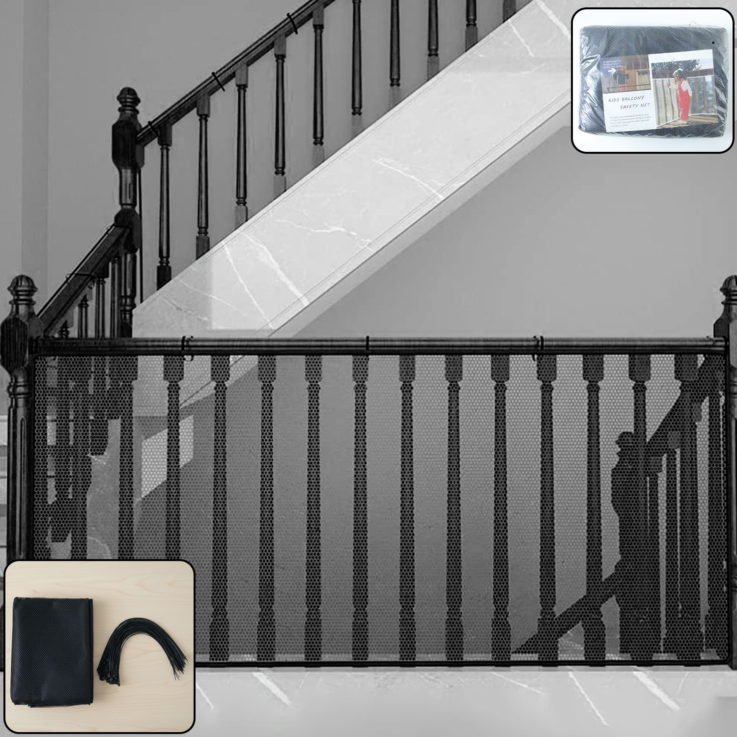 Kids balcony safety net by Wukusy, 6 meters long and 90 cm high, shown installed on a balcony for child safety.