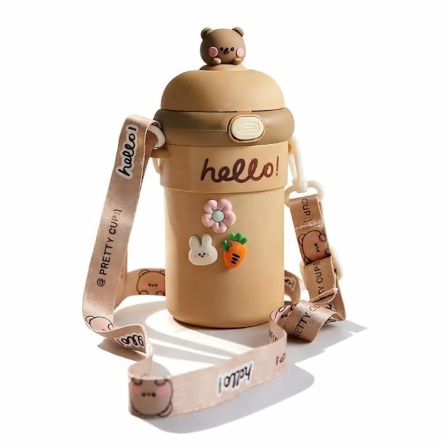 Wukusy kids sipper water bottle with 450ml capacity, bouncing straw and carry strap, suitable for children.