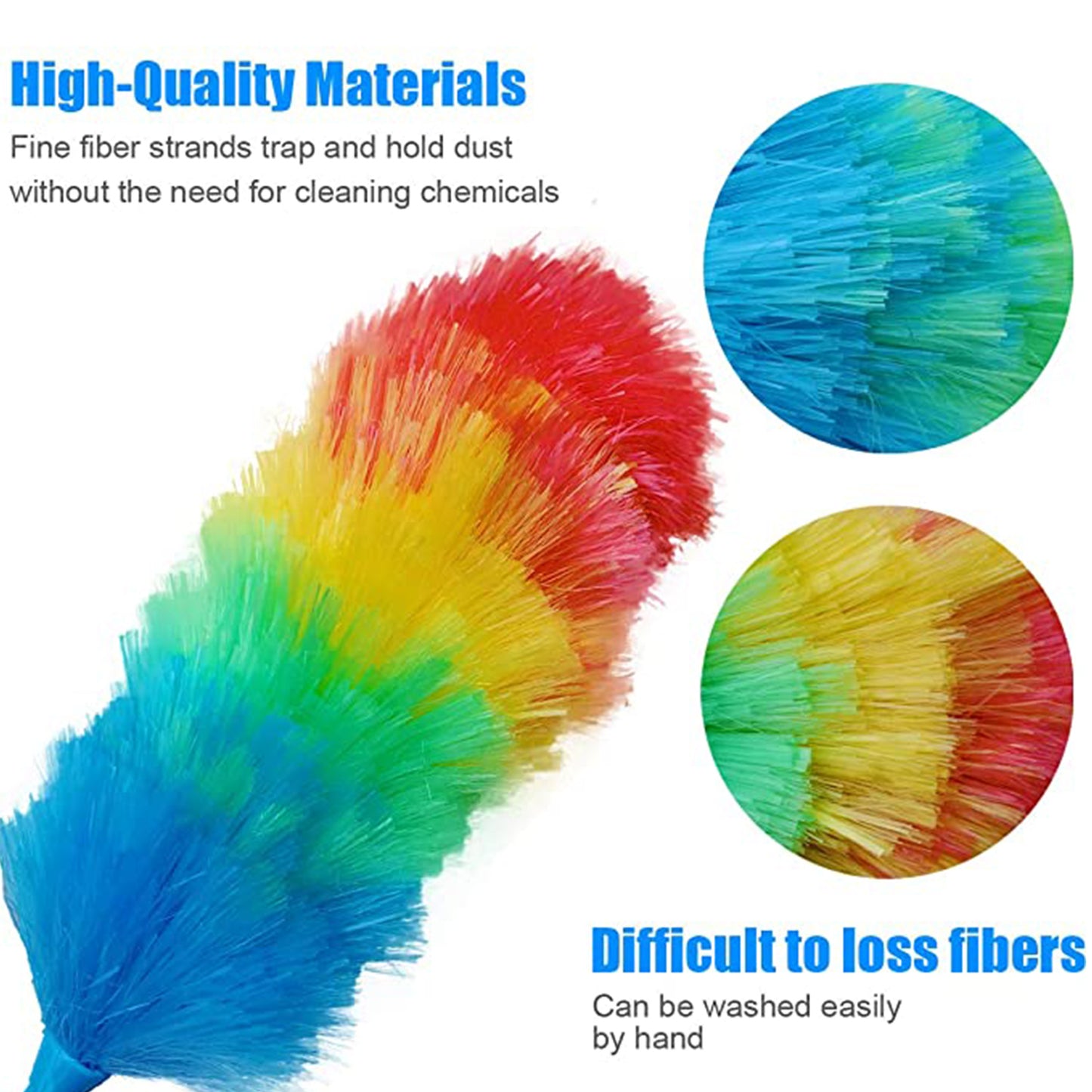 Colorful feather and microfiber duster by Wukusy with dusting stick and brush for cleaning and dusting in home improvement.